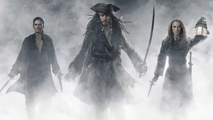 HD desktop wallpaper featuring Johnny Depp as Jack Sparrow, Keira Knightley as Elizabeth Swann, and Orlando Bloom as Will Turner from Pirates of the Caribbean: At World's End.