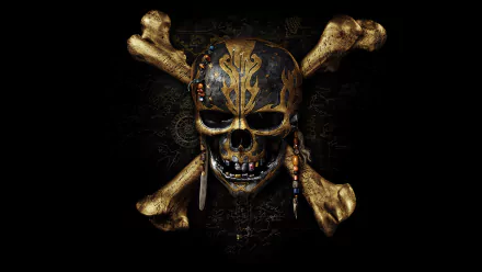 HD desktop wallpaper featuring the iconic skull and crossbones from Pirates of the Caribbean: Dead Men Tell No Tales, with intricate gold detailing against a dark background.
