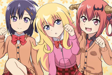 HD anime desktop wallpaper featuring Satanichia Kurumizawa McDowell, Vignette Tsukinose April, and Gabriel Tenma White from Gabriel DropOut in school uniforms.