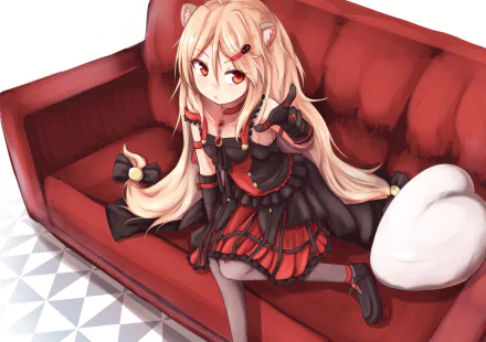 HD anime desktop wallpaper featuring Ailan from Show By Rock!! seated on a red couch with a heart-shaped pillow in a stylish black and red outfit.