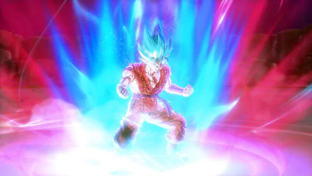 HD desktop wallpaper and background featuring a dynamic character from Dragon Ball Xenoverse 2, radiating intense blue and pink energy.