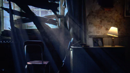 HD PC desktop wallpaper from the video game Resident Evil 7: Biohazard — a dim, decaying room with a boarded window, shafts of light, an empty chair, a rifle by a cabinet and a lit lamp.