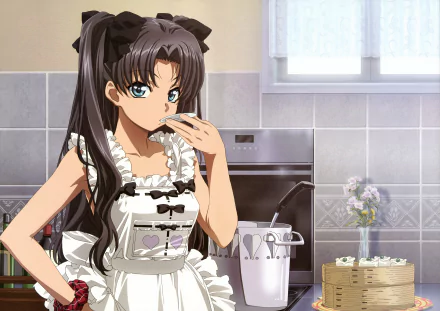 Rin Tohsaka from Fate/Stay Night wearing a frilly apron in a bright kitchen, rendered as a 4K Ultra HD anime PC desktop wallpaper.