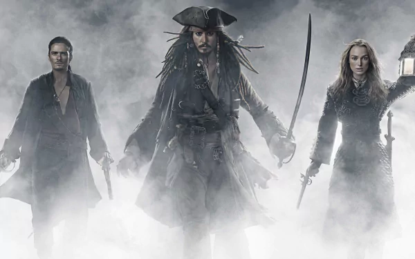HD desktop wallpaper featuring Johnny Depp as Jack Sparrow, Keira Knightley as Elizabeth Swann, and Orlando Bloom as Will Turner from Pirates of the Caribbean: At World's End.
