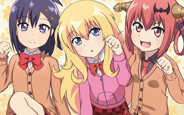 HD anime desktop wallpaper featuring Satanichia Kurumizawa McDowell, Vignette Tsukinose April, and Gabriel Tenma White from Gabriel DropOut in school uniforms.