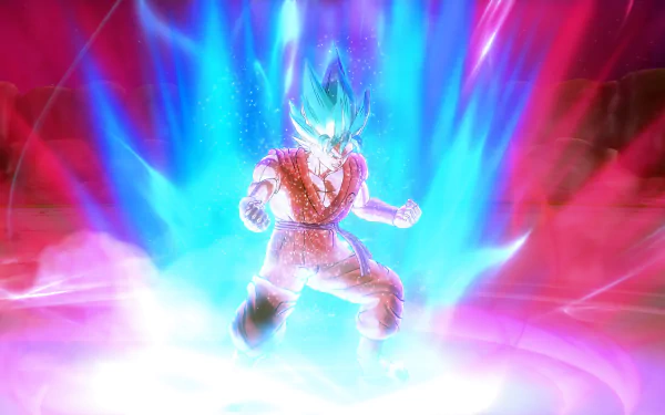 HD desktop wallpaper and background featuring a dynamic character from Dragon Ball Xenoverse 2, radiating intense blue and pink energy.