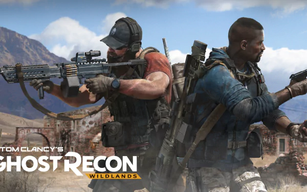 4K Ultra HD PC wallpaper featuring characters from the video game Tom Clancy’s Ghost Recon Wildlands, set in a rugged mountainous combat zone.
