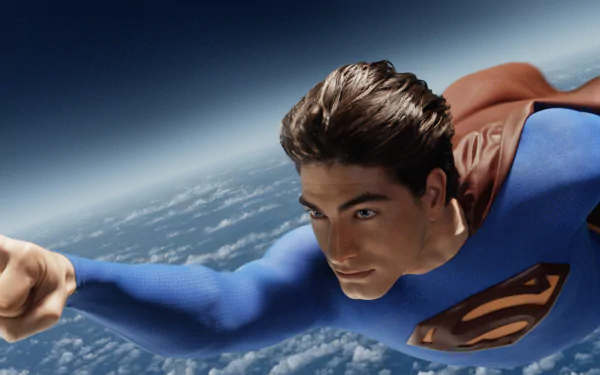 HD desktop wallpaper of Superman from the movie Superman Returns flying over clouds with a clear sky in the background.