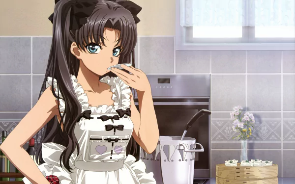 Rin Tohsaka from Fate/Stay Night wearing a frilly apron in a bright kitchen, rendered as a 4K Ultra HD anime PC desktop wallpaper.