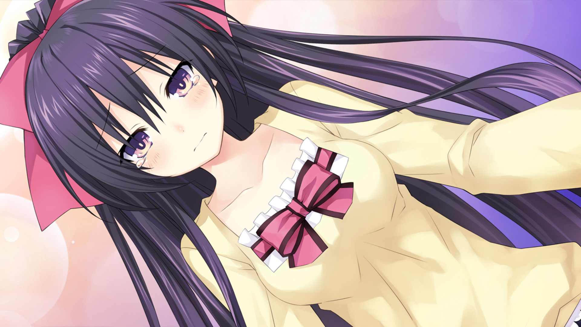 HD desktop wallpaper featuring Tohka Yatogami from the anime Date A Live. She has long purple hair, a pink bow, and wears a cream-colored dress with frills and a large red bow. The background is soft and colorful.