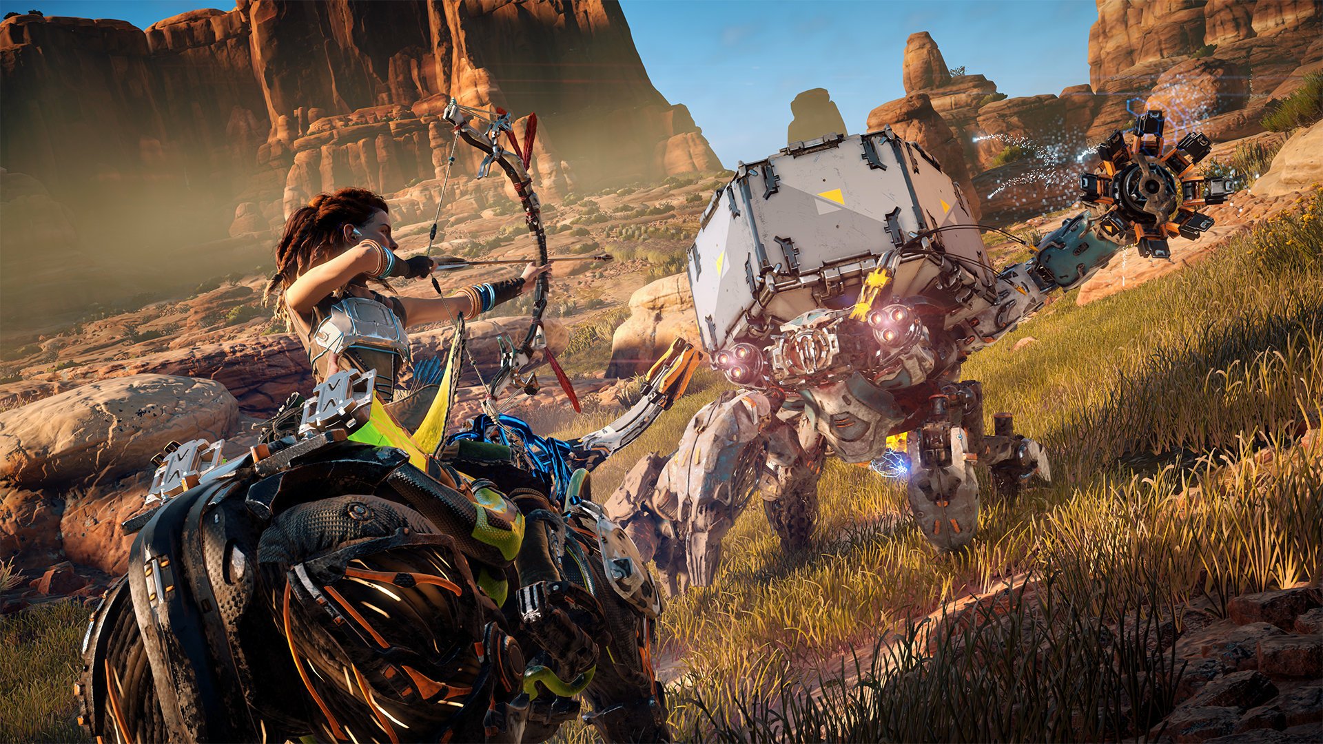HD PC desktop wallpaper from the video game Horizon Zero Dawn, featuring the protagonist aiming a bow in a rugged, sunlit canyon landscape with robotic creatures.