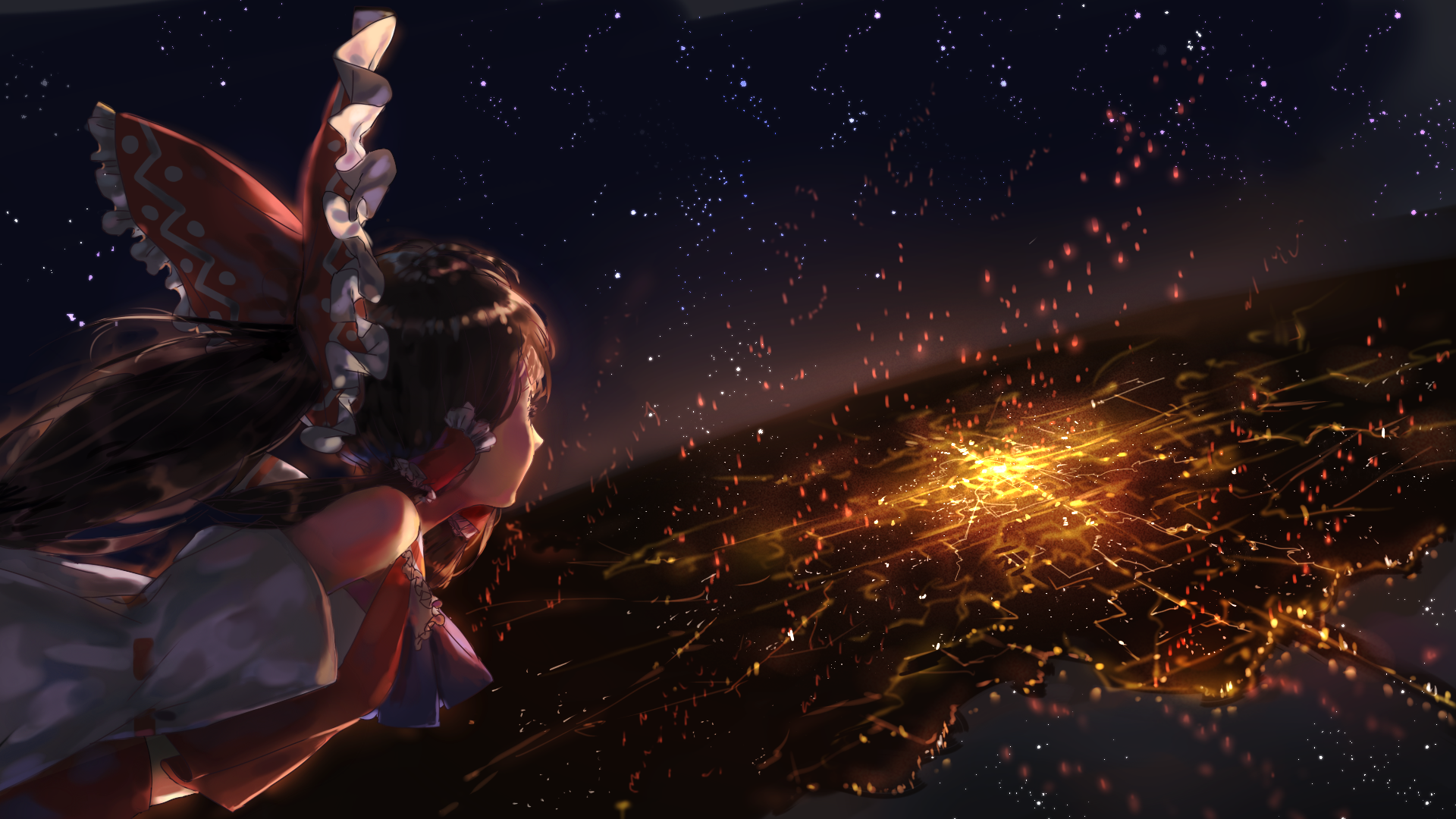 HD PC desktop wallpaper featuring Reimu Hakurei from the anime Touhou, depicted against a starry night sky with glowing embers and a distant illuminated landscape.