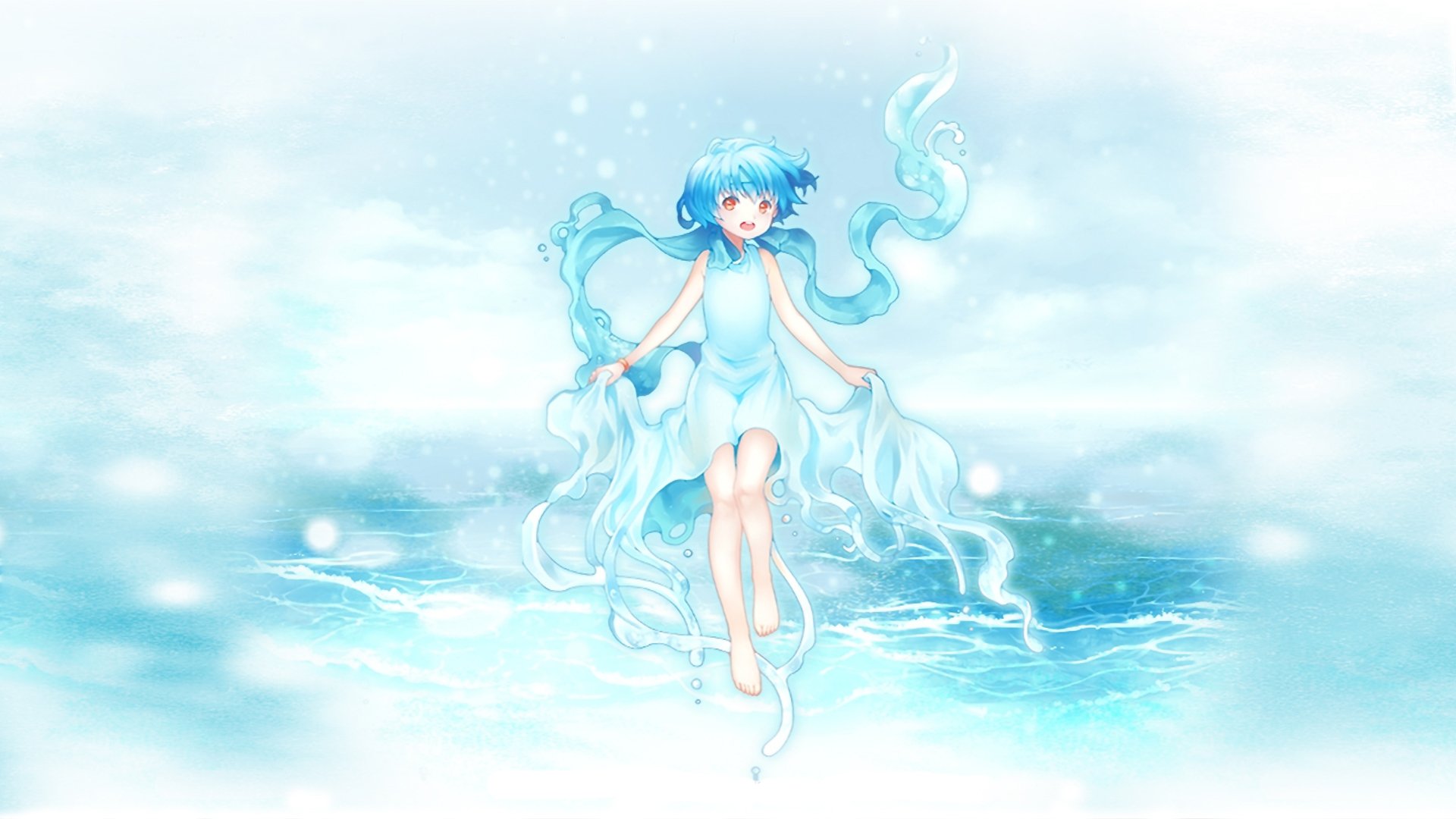 Maris (Voices from the Sea) — blue-haired sea spirit in a flowing, water-like dress hovering over a shimmering ocean; HD PC desktop wallpaper/background from the Voices from the Sea video game.