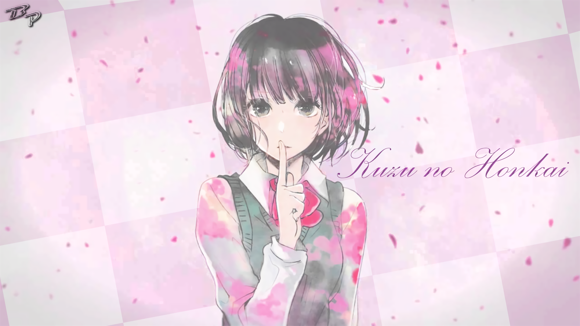 HD anime desktop wallpaper featuring Hanabi Yasuraoka from Kuzu no Honkai with soft pink petals and a pastel checkered background.