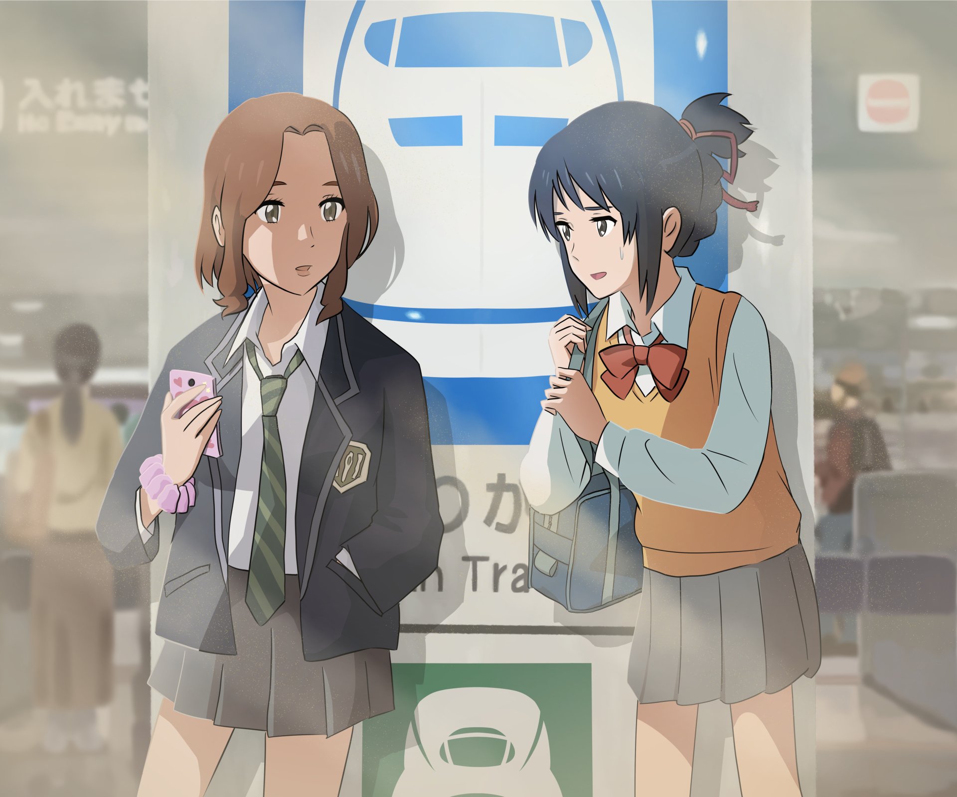 4K Ultra HD anime wallpaper featuring Mitsuha Miyamizu from Your Name, depicting two schoolgirls conversing in a train station setting.