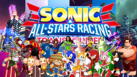 HD PC desktop wallpaper for the video game Sonic & All-Stars Racing Transformed showing the game logo and a colorful roster of characters racing.
