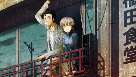 HD anime desktop wallpaper featuring Rintaro Okabe and Suzuha Amane from Steins;Gate standing on a balcony with a detailed urban background.