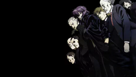 HD PC desktop wallpaper featuring key characters from the anime Ghost in the Shell: Stand Alone Complex against a black background.