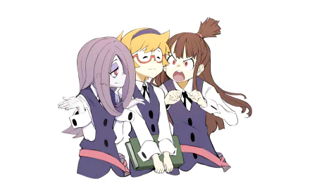 HD anime wallpaper featuring Lotte Yanson, Sucy Manbavaran, and Atsuko Kagari from Little Witch Academia in their school uniforms.