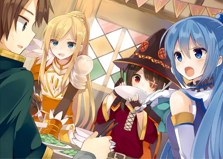 An HD desktop wallpaper featuring characters Kazuma Satou, Darkness, Aqua, and Megumin from the anime KonoSuba - God's blessing on this wonderful world!! in a lively and colorful setting.