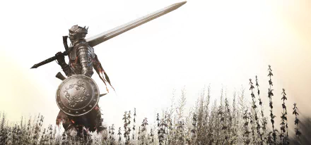 HD desktop wallpaper of Dark Souls III featuring a knight in armor holding a large sword and shield, standing in a field of tall grass.