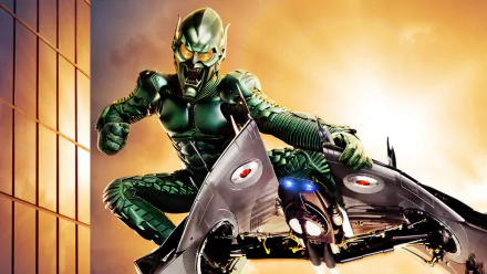 HD desktop wallpaper of Green Goblin, also known as Norman Osborn, from the Spider-Man movie series. The Green Goblin is depicted on his glider against a dramatic sunset background.