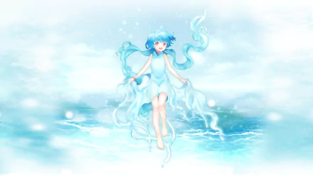 Maris (Voices from the Sea) — blue-haired sea spirit in a flowing, water-like dress hovering over a shimmering ocean; HD PC desktop wallpaper/background from the Voices from the Sea video game.