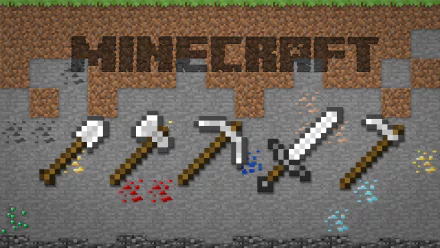 HD desktop wallpaper featuring pixel art tools from the video game Minecraft. The design includes a shovel, axe, pickaxe, sword, and hoe, with the game's logo engraved in a dirt block background.