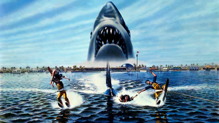 HD PC desktop wallpaper from the movie Jaws 3: a massive great white bursts from a theme-park lagoon as water-skiers and swimmers frantically scatter.