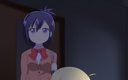 HD PC desktop wallpaper featuring Vignette Tsukinose April from the anime Gabriel DropOut, depicted in a dimly lit indoor setting.