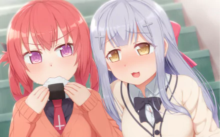 HD anime desktop wallpaper featuring Raphiel Shiraha Ainsworth and Satanichia Kurumizawa McDowell from Gabriel DropOut, portrayed with soft colors and expressive eyes.