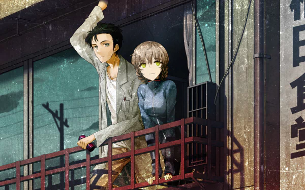HD anime desktop wallpaper featuring Rintaro Okabe and Suzuha Amane from Steins;Gate standing on a balcony with a detailed urban background.