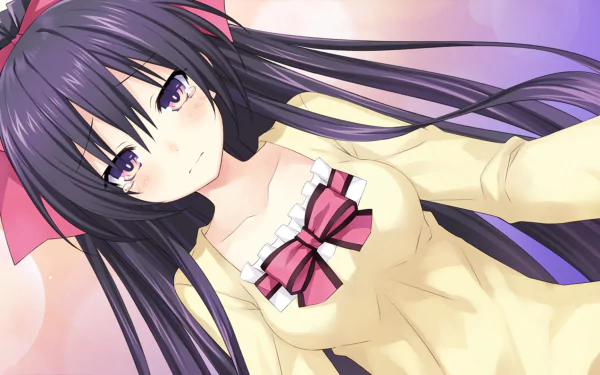 HD desktop wallpaper featuring Tohka Yatogami from the anime Date A Live. She has long purple hair, a pink bow, and wears a cream-colored dress with frills and a large red bow. The background is soft and colorful.