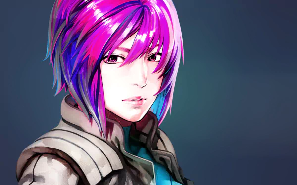 HD PC desktop wallpaper featuring an anime-style character with vibrant purple hair from Ghost in the Shell: Stand Alone Complex.