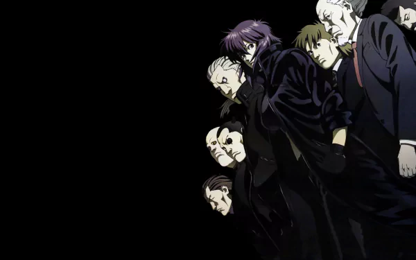 HD PC desktop wallpaper featuring key characters from the anime Ghost in the Shell: Stand Alone Complex against a black background.