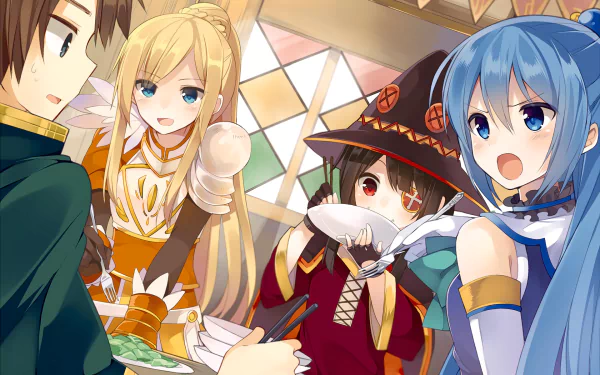 An HD desktop wallpaper featuring characters Kazuma Satou, Darkness, Aqua, and Megumin from the anime KonoSuba - God's blessing on this wonderful world!! in a lively and colorful setting.