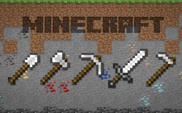 HD desktop wallpaper featuring pixel art tools from the video game Minecraft. The design includes a shovel, axe, pickaxe, sword, and hoe, with the game's logo engraved in a dirt block background.