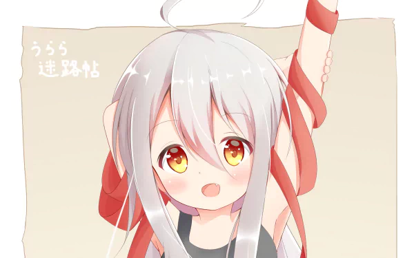HD PC desktop wallpaper/background of an anime girl from Urara Meirochō with silver hair, golden eyes and red ribbons, smiling against a soft pale backdrop.