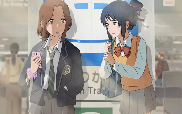 4K Ultra HD anime wallpaper featuring Mitsuha Miyamizu from Your Name, depicting two schoolgirls conversing in a train station setting.