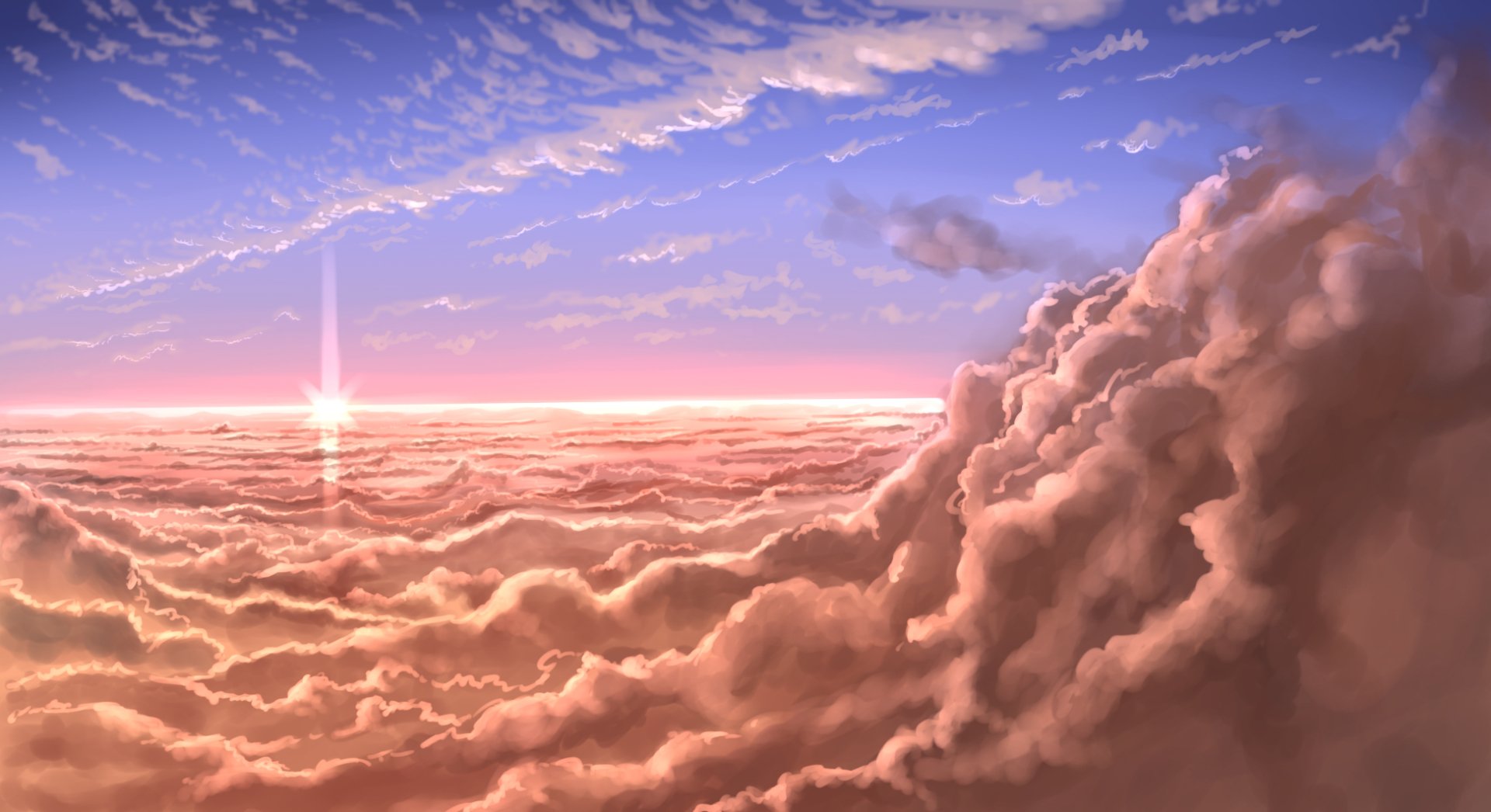 Anime HD PC wallpaper (The Saga of Tanya the Evil): panoramic view above golden-pink clouds at sunrise, dramatic cloud formations and a bright sun flare on the horizon.