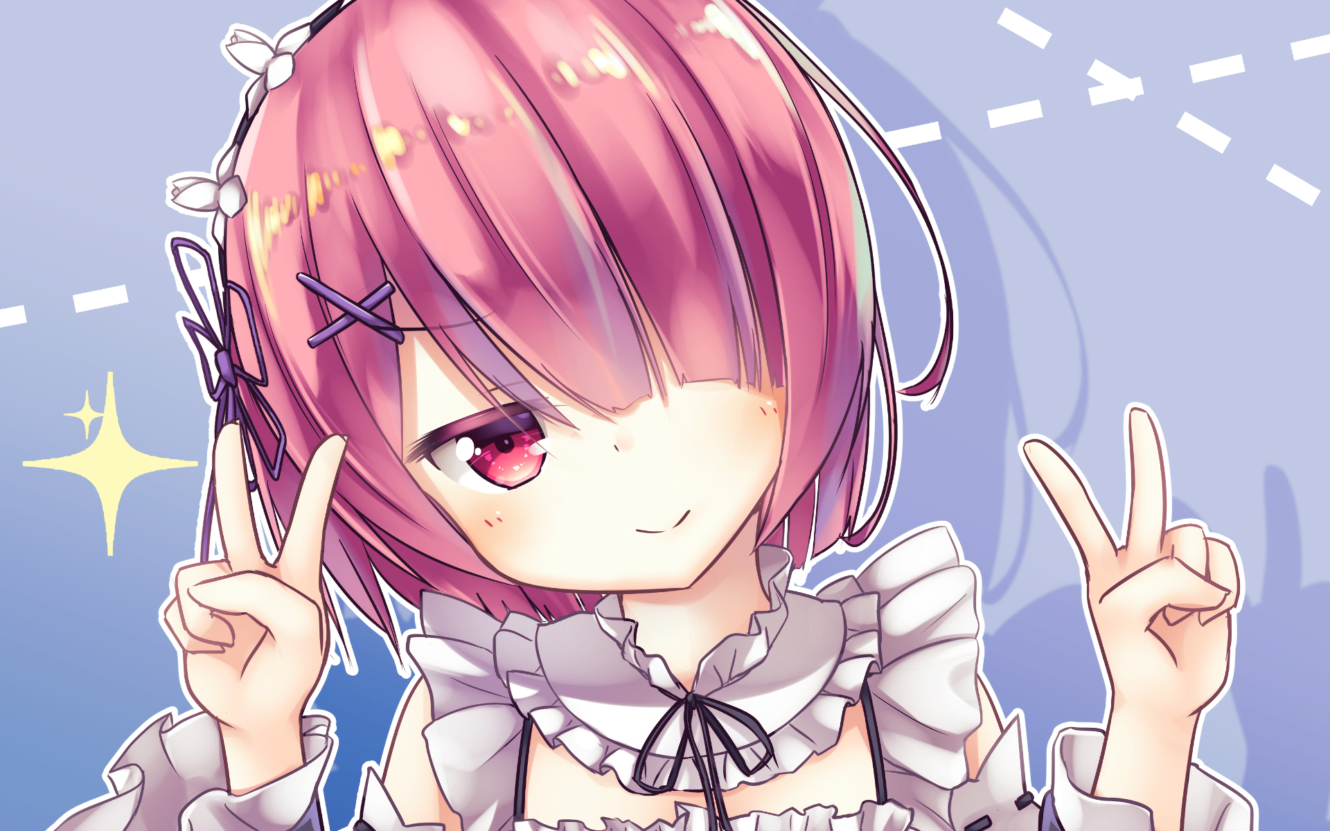 HD desktop wallpaper featuring Ram from the anime Re:Zero - Starting Life in Another World. She is smiling and making a peace sign with both hands, against a soft, playful background.
