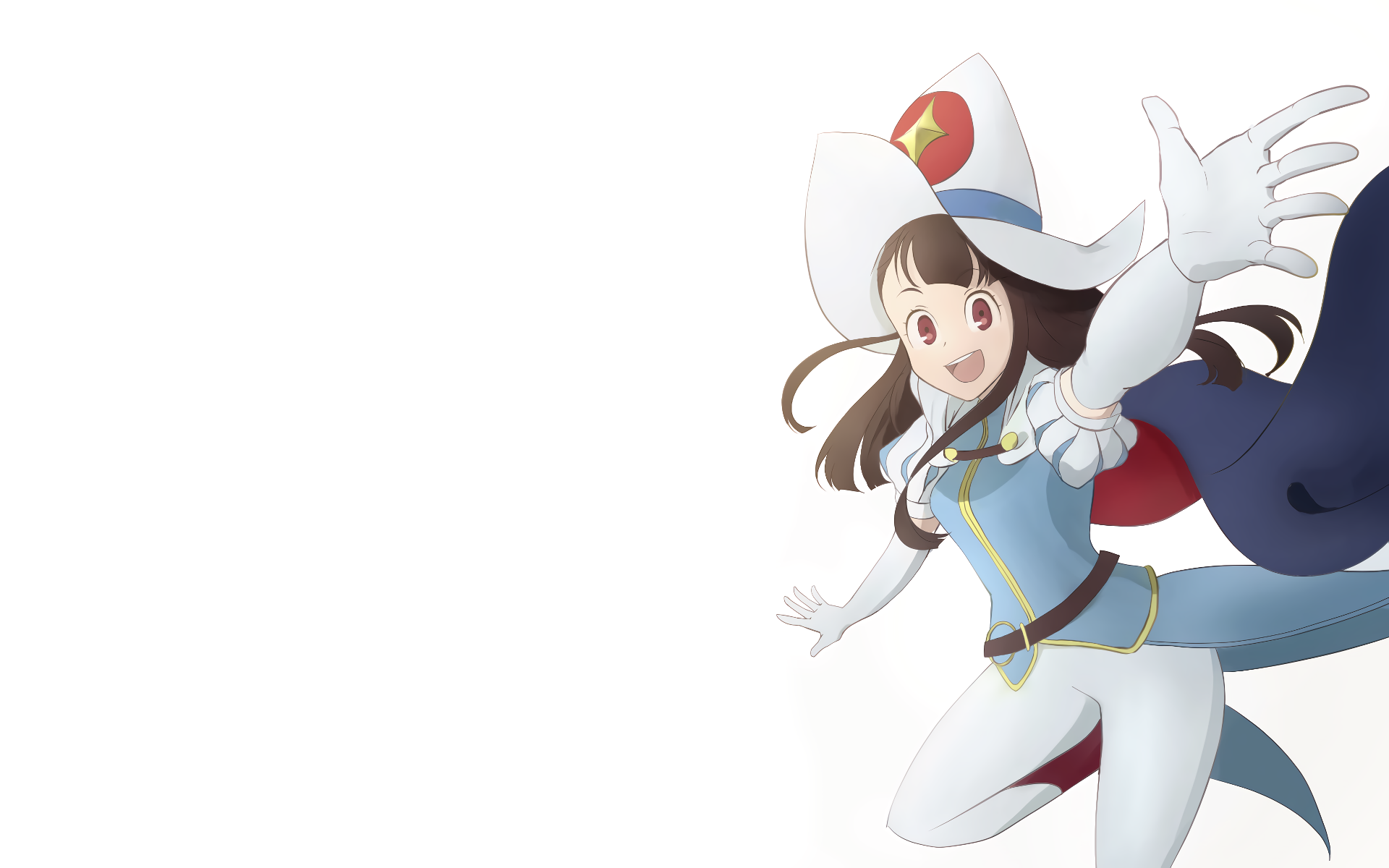 Anime Little Witch Academia HD PC desktop wallpaper featuring Akko in a white magician outfit and cape, joyfully waving against a clean white background.