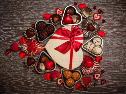 A heart-shaped gift box with a red ribbon surrounded by assorted chocolates and candies, set on a wooden surface. The vibrant arrangement evokes themes of love and Valentine's Day. HD desktop wallpaper.