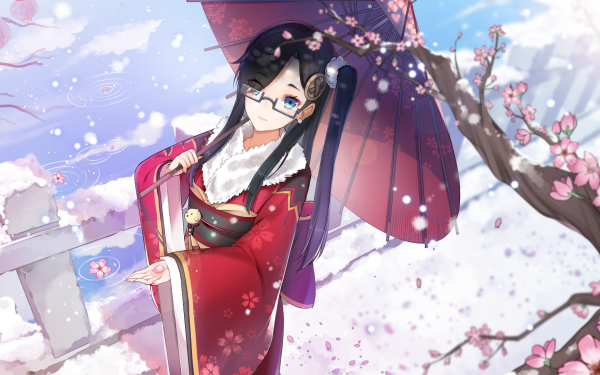 Anime Geisha Oriental Floraison Hiver Snow Parapluie Kimono Glasses Aqua Eyes Black Hair Long Hair Fond d'écran HD | Image