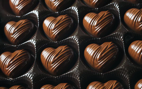 HD desktop wallpaper featuring a close-up of heart-shaped chocolates arranged in neat rows, highlighting their glossy texture and fine detailing.