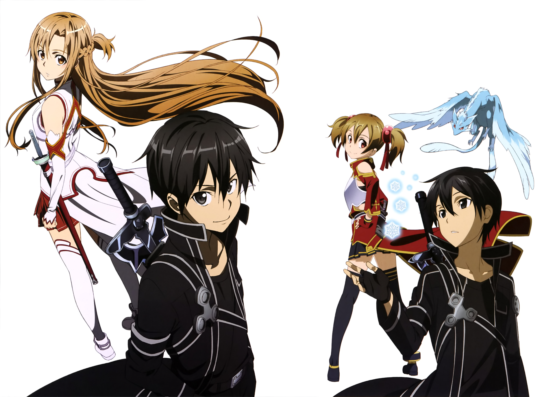 Sword Art Online 4K Ultra HD PC desktop wallpaper showing Kirito and Asuna with Silica and her blue dragon Pina in dynamic anime poses on a clean white background.