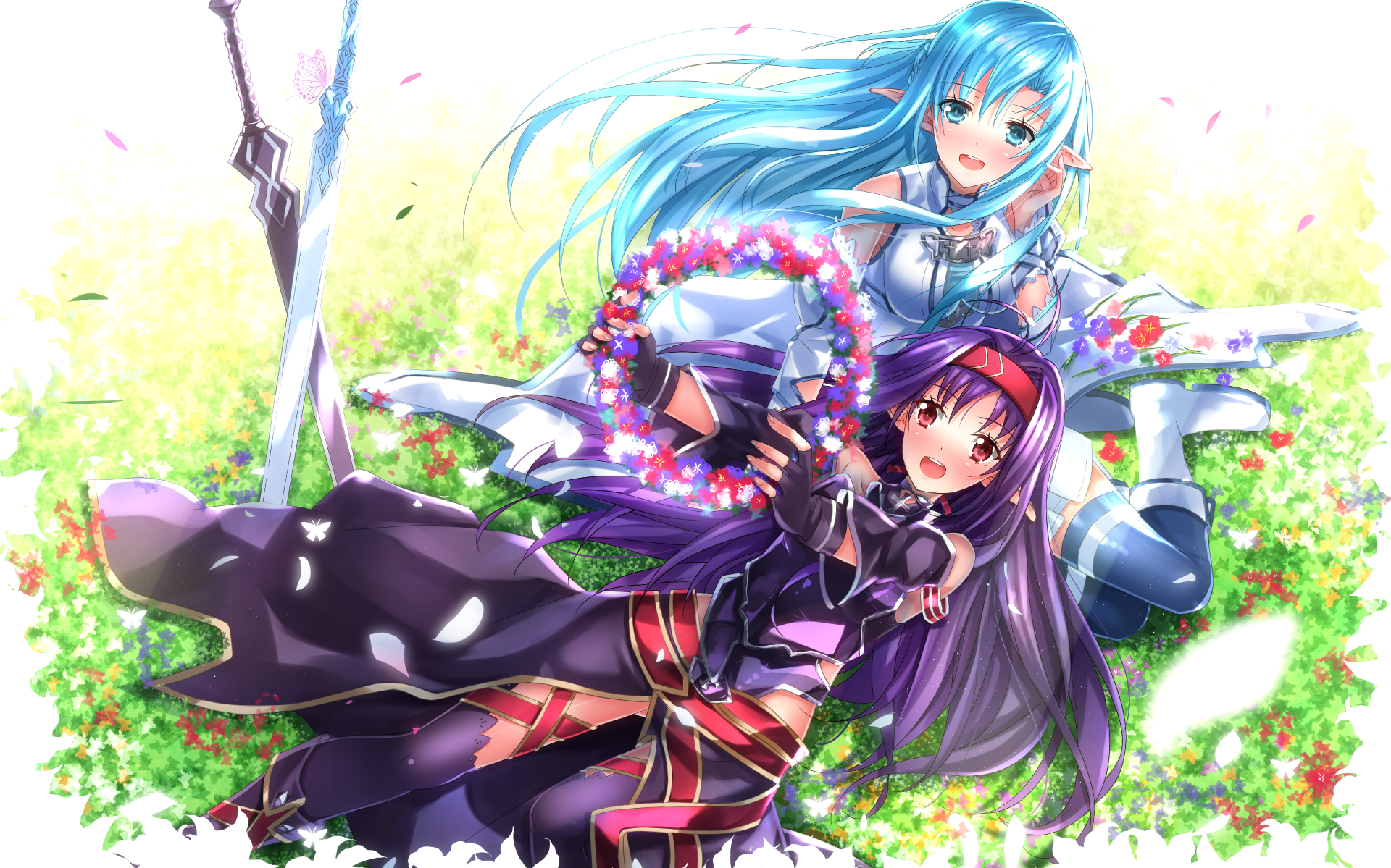 HD desktop wallpaper featuring Asuna Yuuki and Yuuki Konno from Sword Art Online II, with vibrant colors and detailed anime style. The characters are depicted holding a floral crown while sitting on grass.