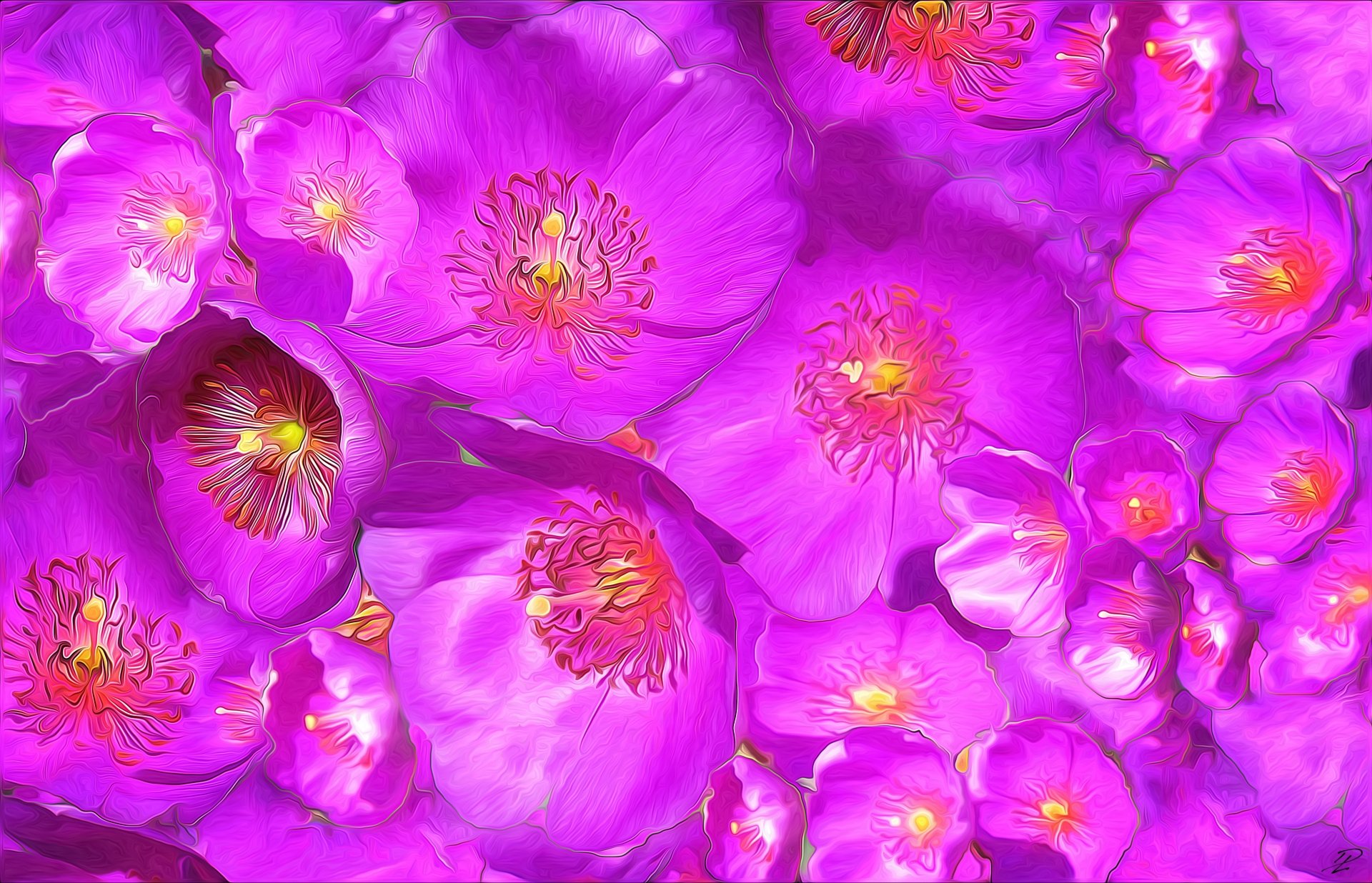 HD desktop wallpaper featuring an artistic painting of vibrant purple anemone flowers with glowing yellow centers.