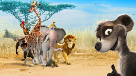 HD PC desktop wallpaper from the movie Animals United: colorful animated savanna with a giraffe, elephant, lion, tortoise and parrot walking together, a wolf-like character peeks in at right.