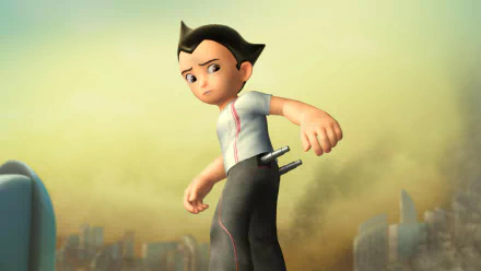 HD desktop wallpaper featuring Astro Boy from the movie Project Atom, showcasing the character against a futuristic, hazy backdrop.